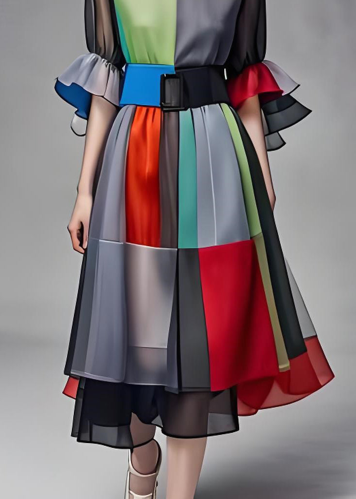 Art Colorblock O Neck Tie Waist Patchwork Chiffon Dress Summer