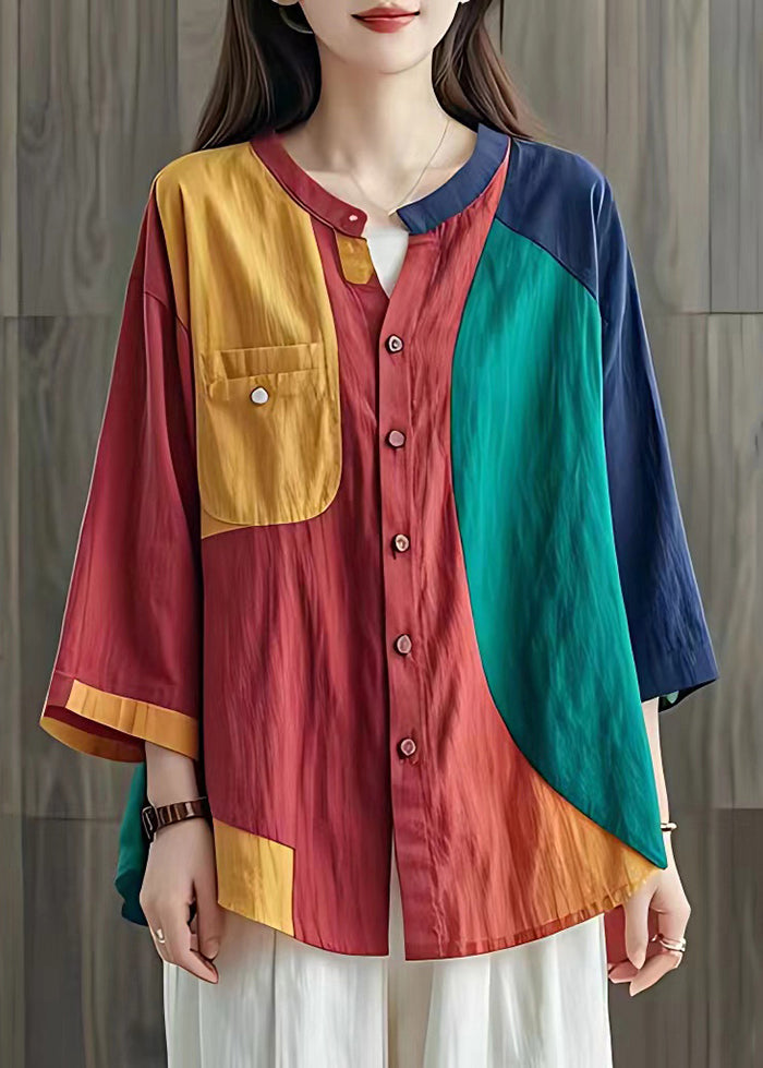 Art Colorblock Oversized Patchwork Linen Shirt Summer
