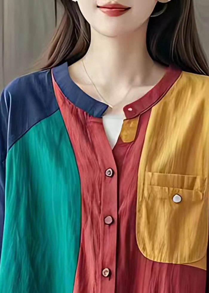 Art Colorblock Oversized Patchwork Linen Shirt Summer