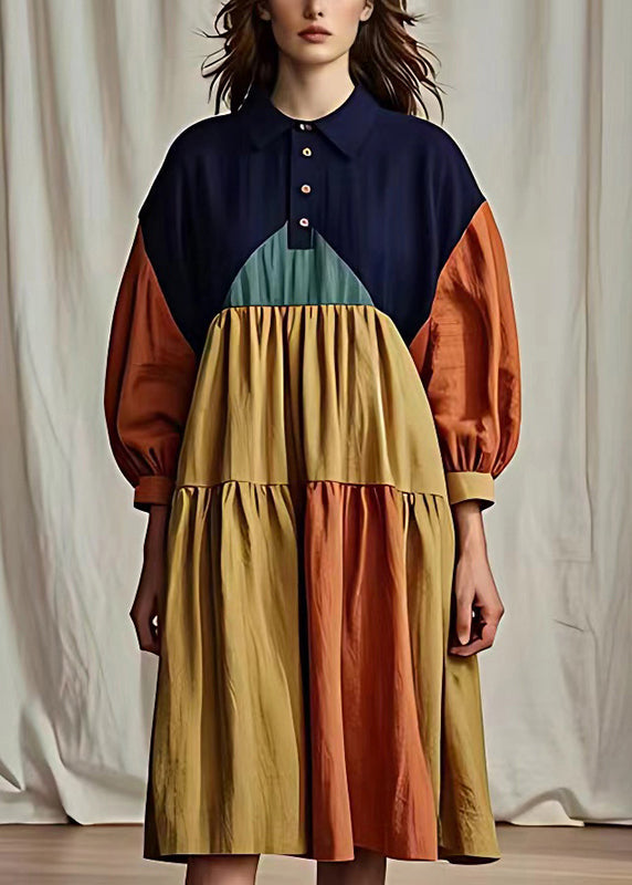 Art Colorblock Peter Pan Collar Patchwork Cotton Maxi Dresses Summer