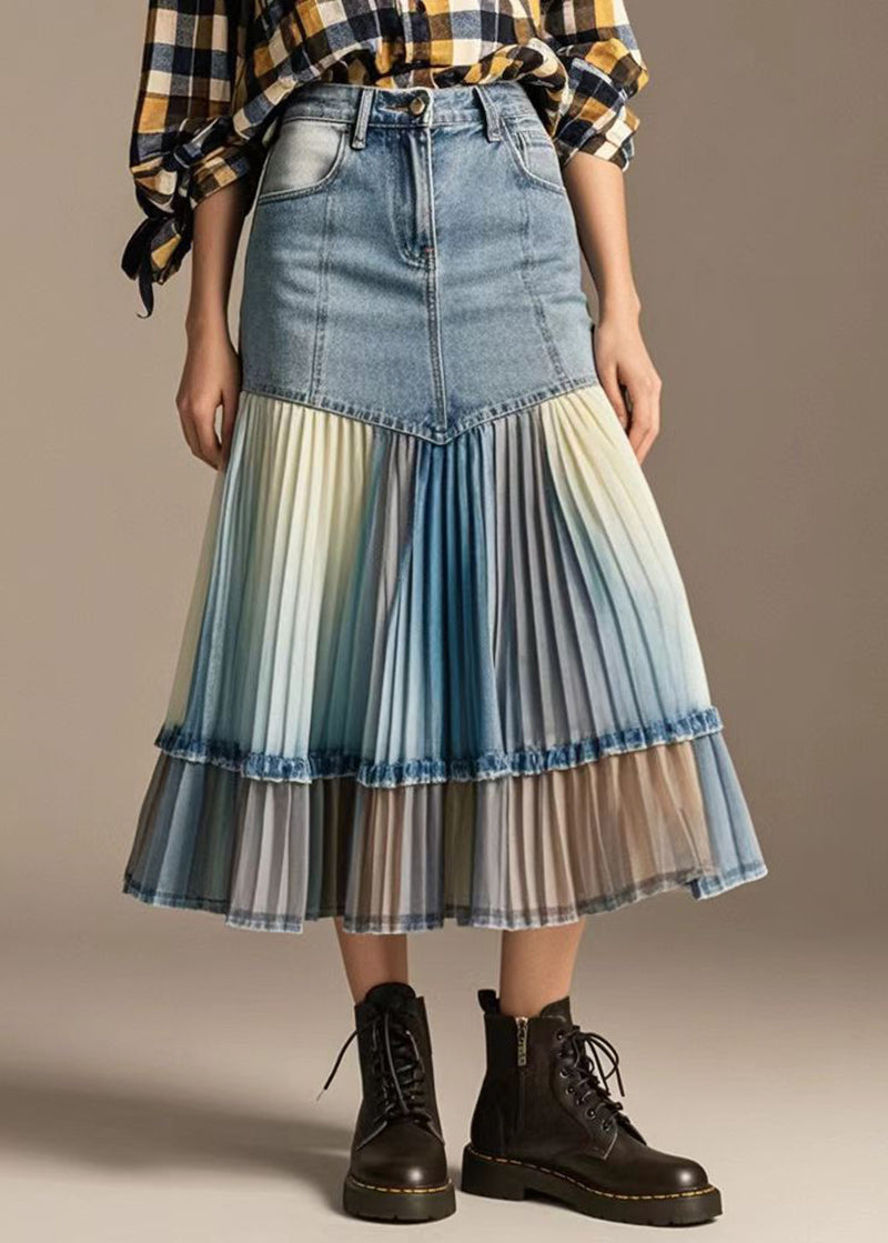 Art Denim Blue Wraped Patchwork Tie Dye Pleated Skirts Fall