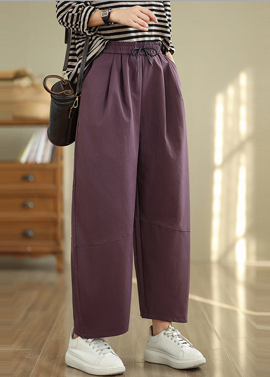 Art Dull Purple Elastic Waist Oversized Cotton Pants Fall