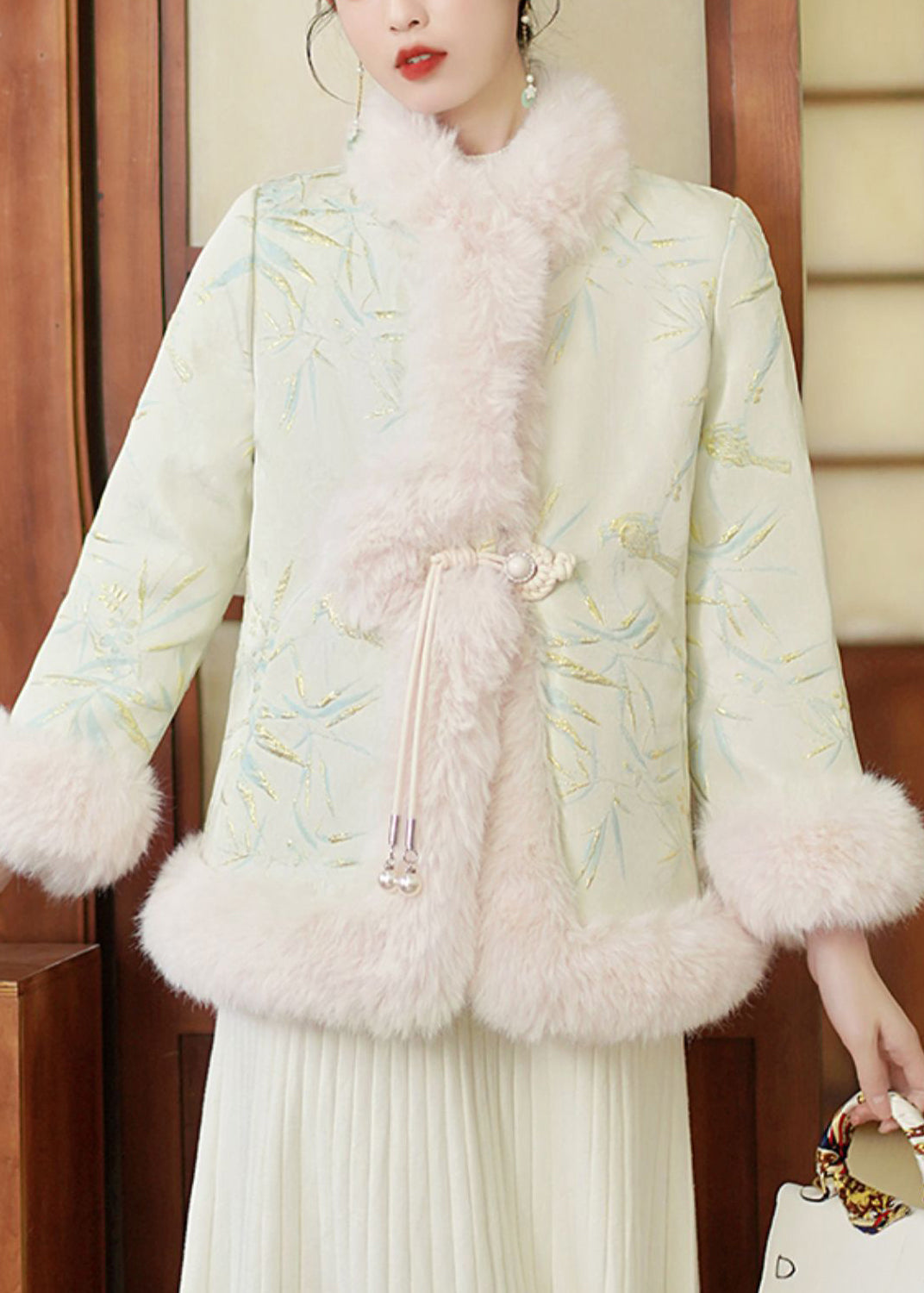 Art Fur Collar Button Print Thick Parka Winter