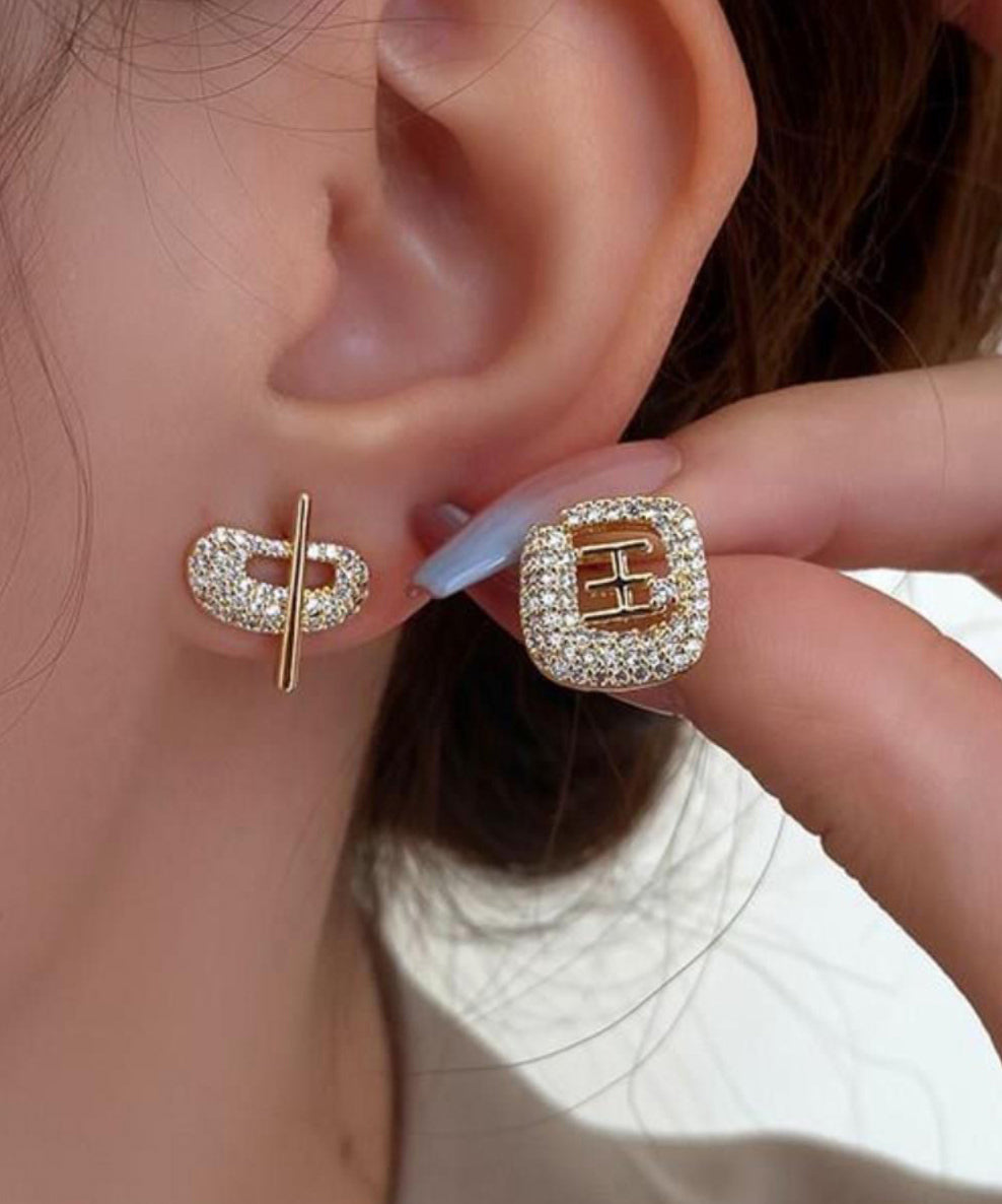 Art Gold 14K Gold Zircon Asymmetric Chinese Characters Stud Earrings