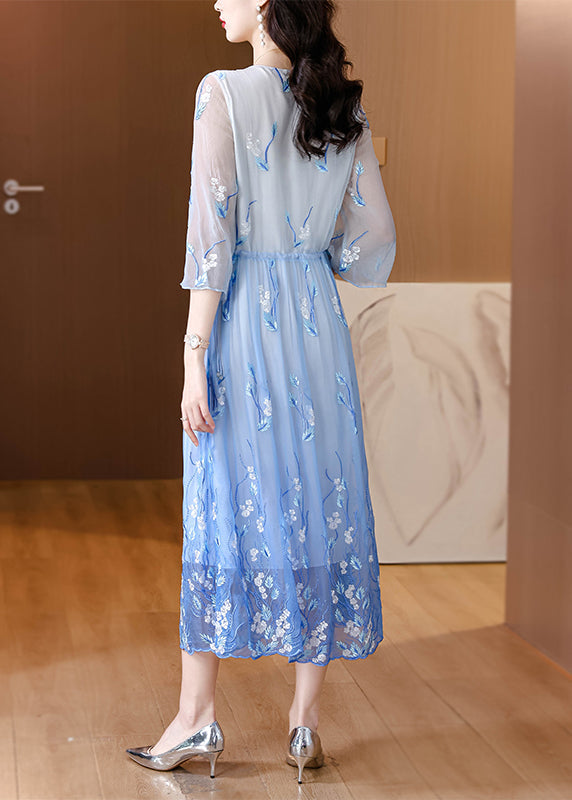 Art Gradient Blue O Neck Embroidered Drawstring Silk Dress Summer