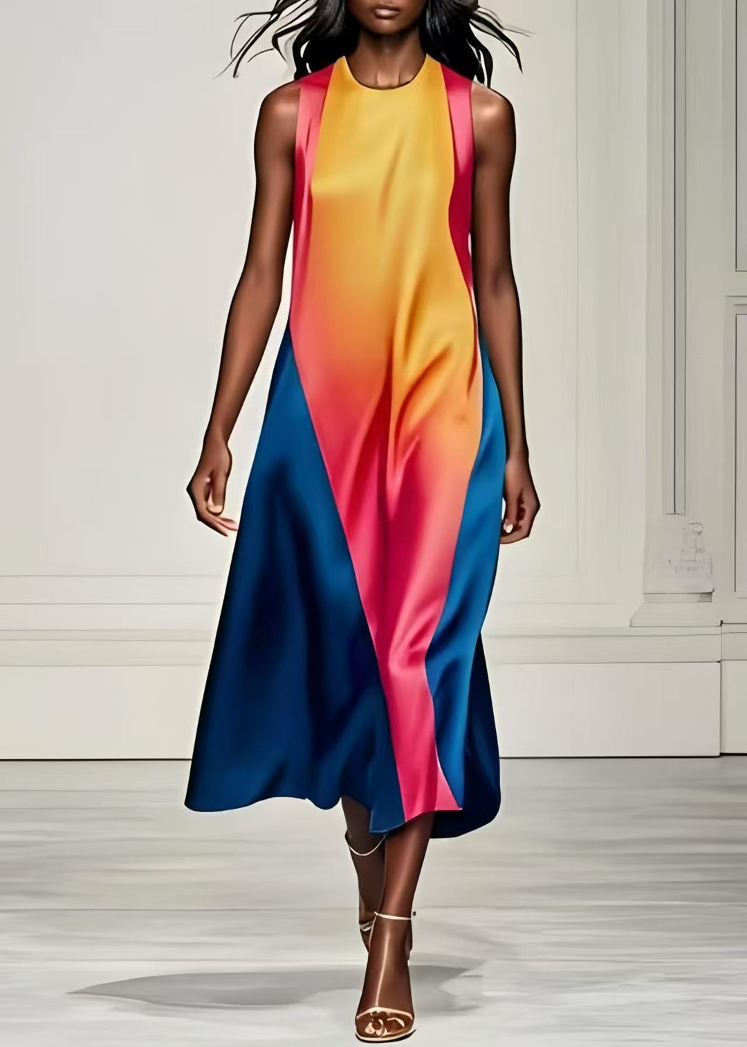 Art Gradient Color Asymmetrical Patchwork Silk Dresses Summer