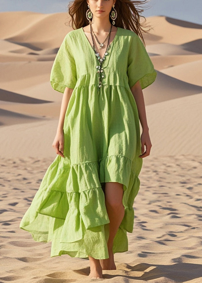 Art Grass Green Asymmetrical Cotton Maxi Dresses Summer