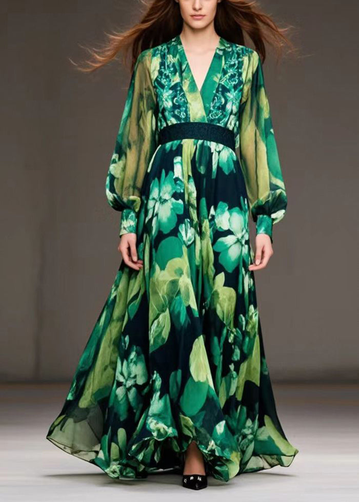 Art Green Cinched Print Chiffon Ankle Dress Fall