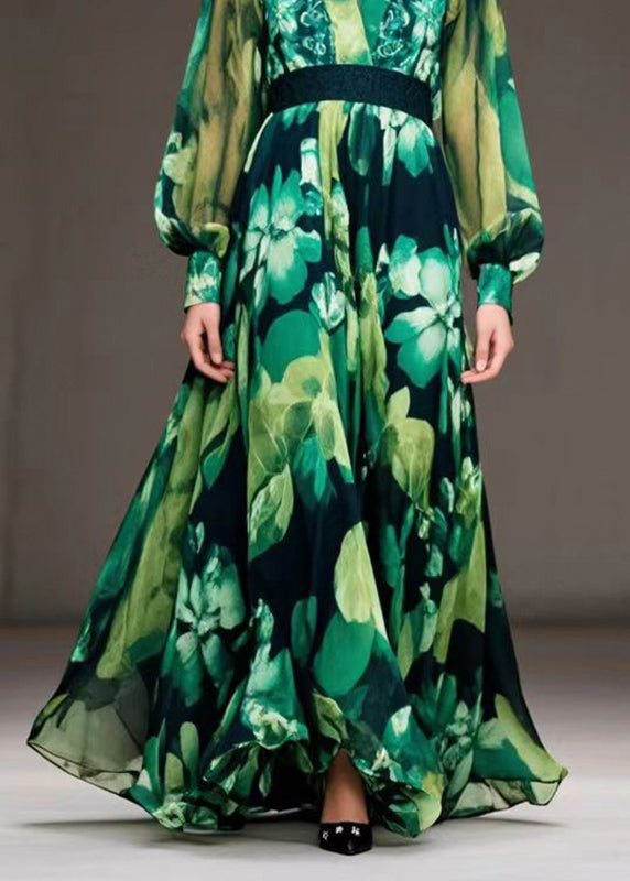 Art Green Cinched Print Chiffon Ankle Dress Fall