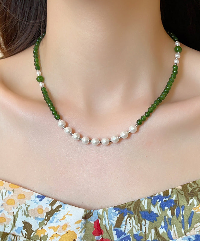 Art Green Copper Alloy Pearl Beading Gratuated Bead Necklace