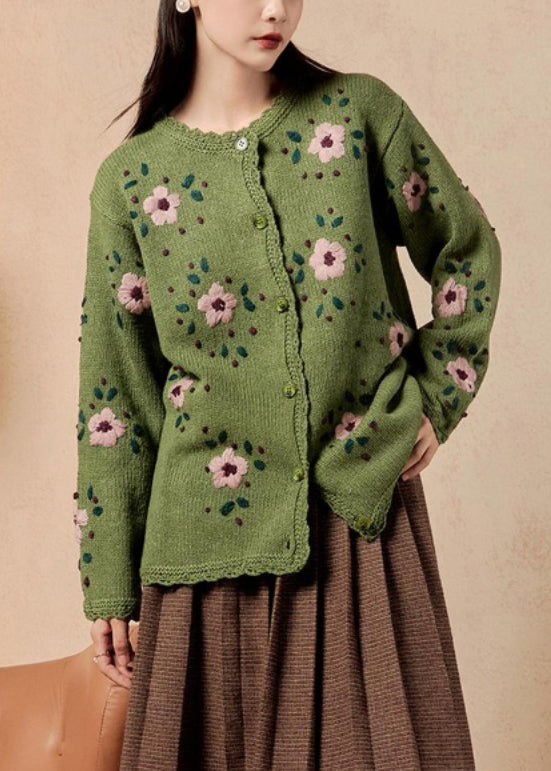 Art Green Floral Button Knit Cardigan Winter