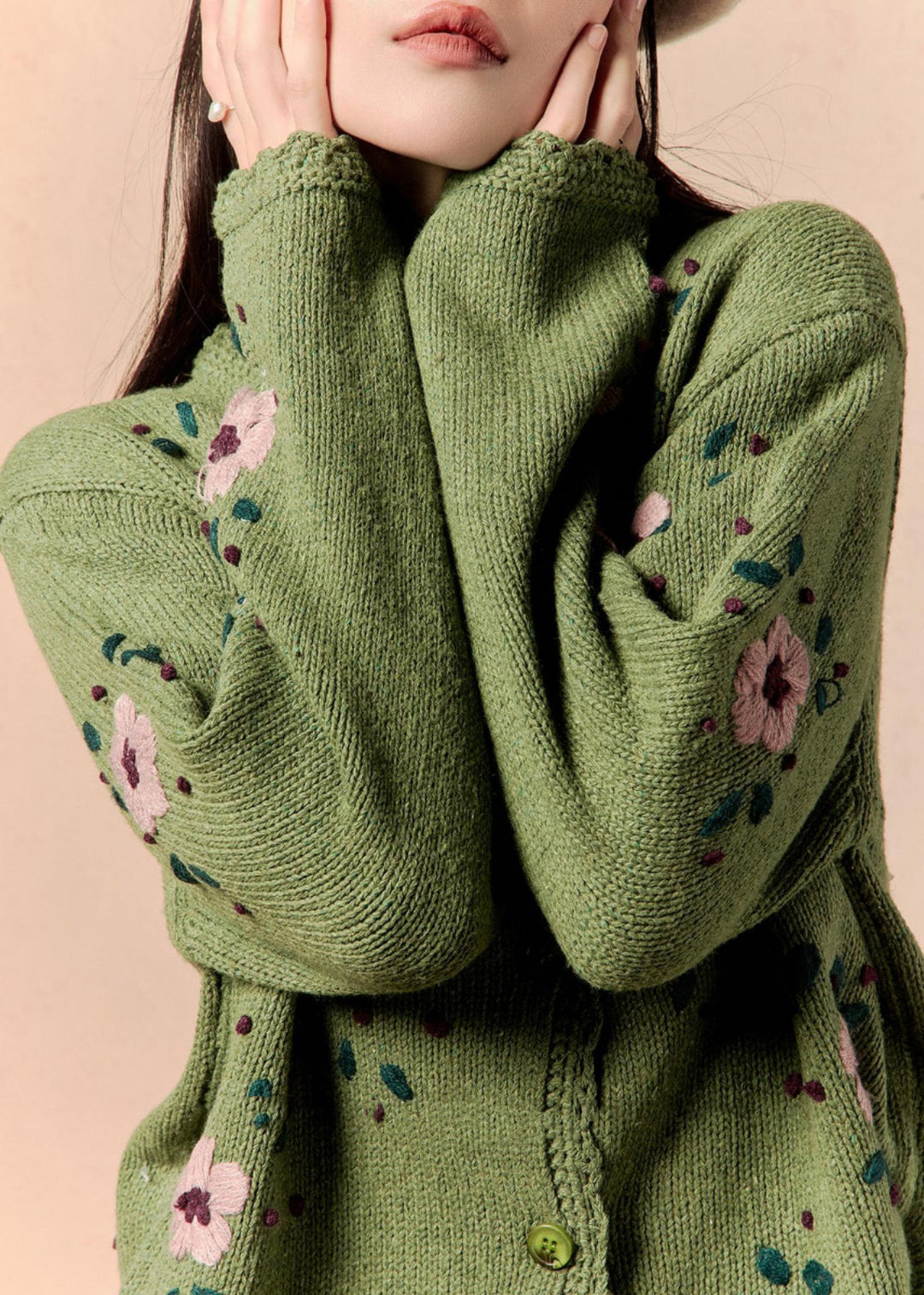 Art Green Floral Button Knit Cardigan Winter