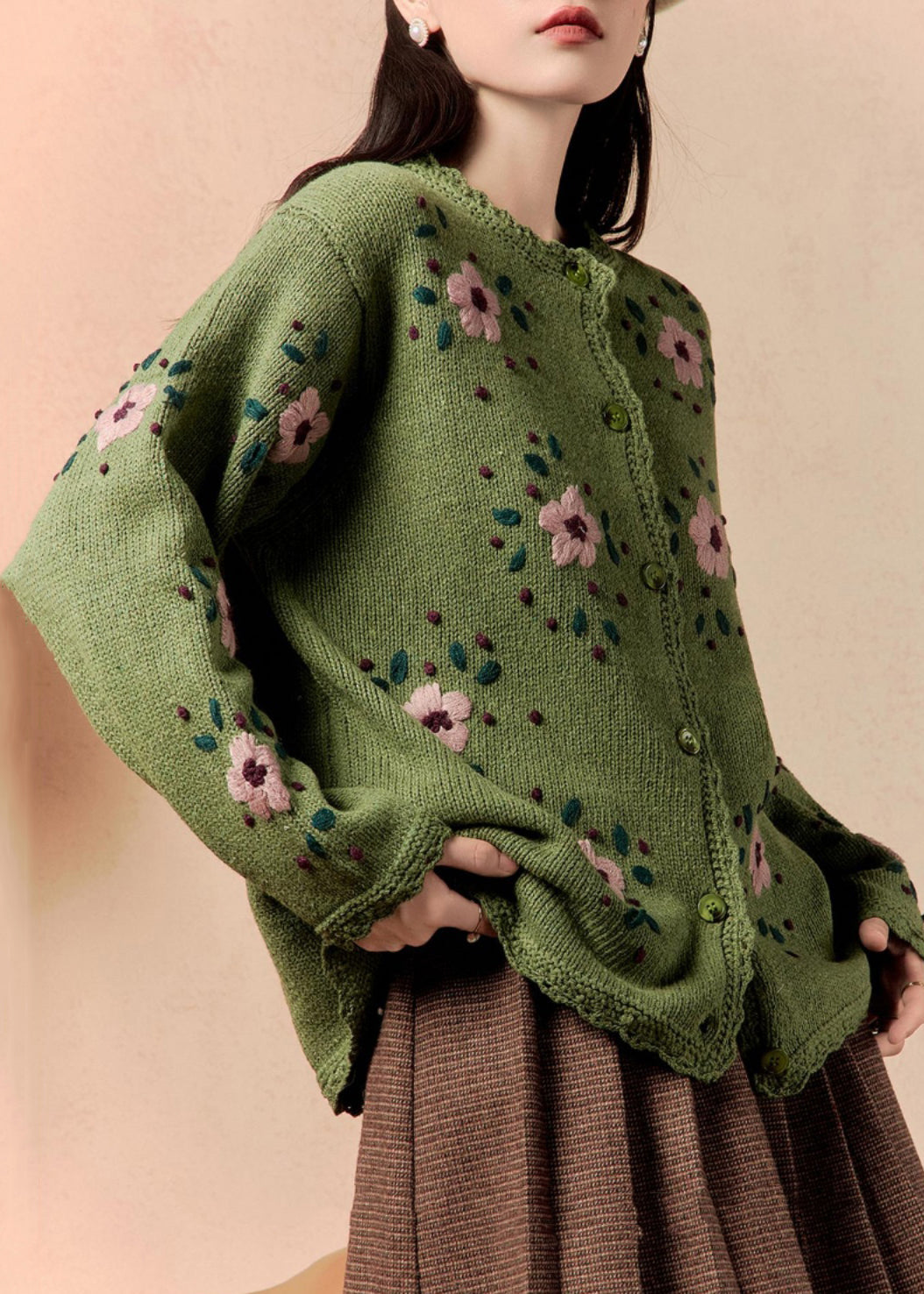 Art Green Floral Button Knit Cardigan Winter