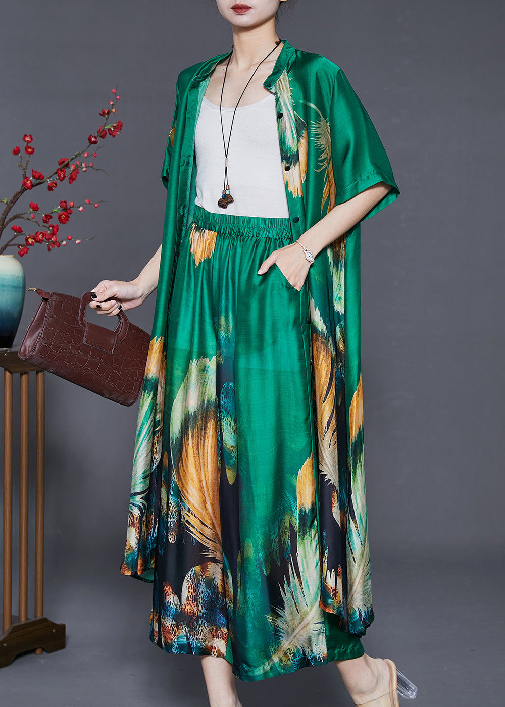 Art Green Oversized Print Linen Silk Two Pieces Set Summer