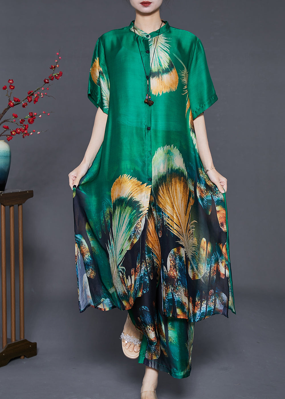 Art Green Oversized Print Linen Silk Two Pieces Set Summer