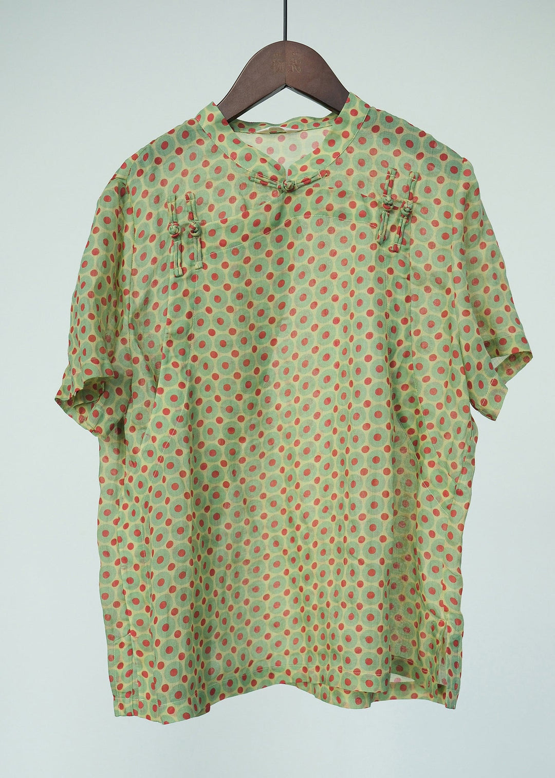 Art Green Stand Collar Dot Button Top Short Sleeve