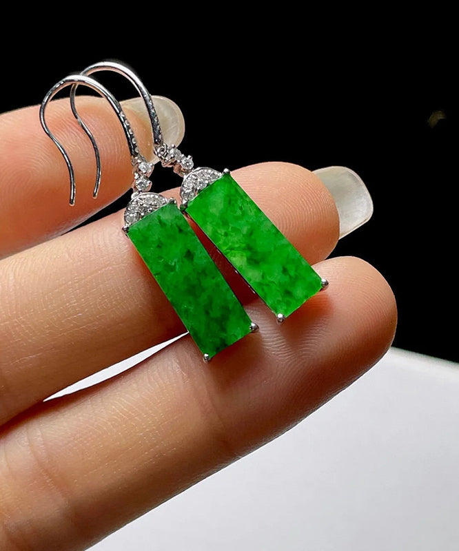 Art Green Sterling Silver Inlaid Zircon Rectangular Jade Drop Earrings