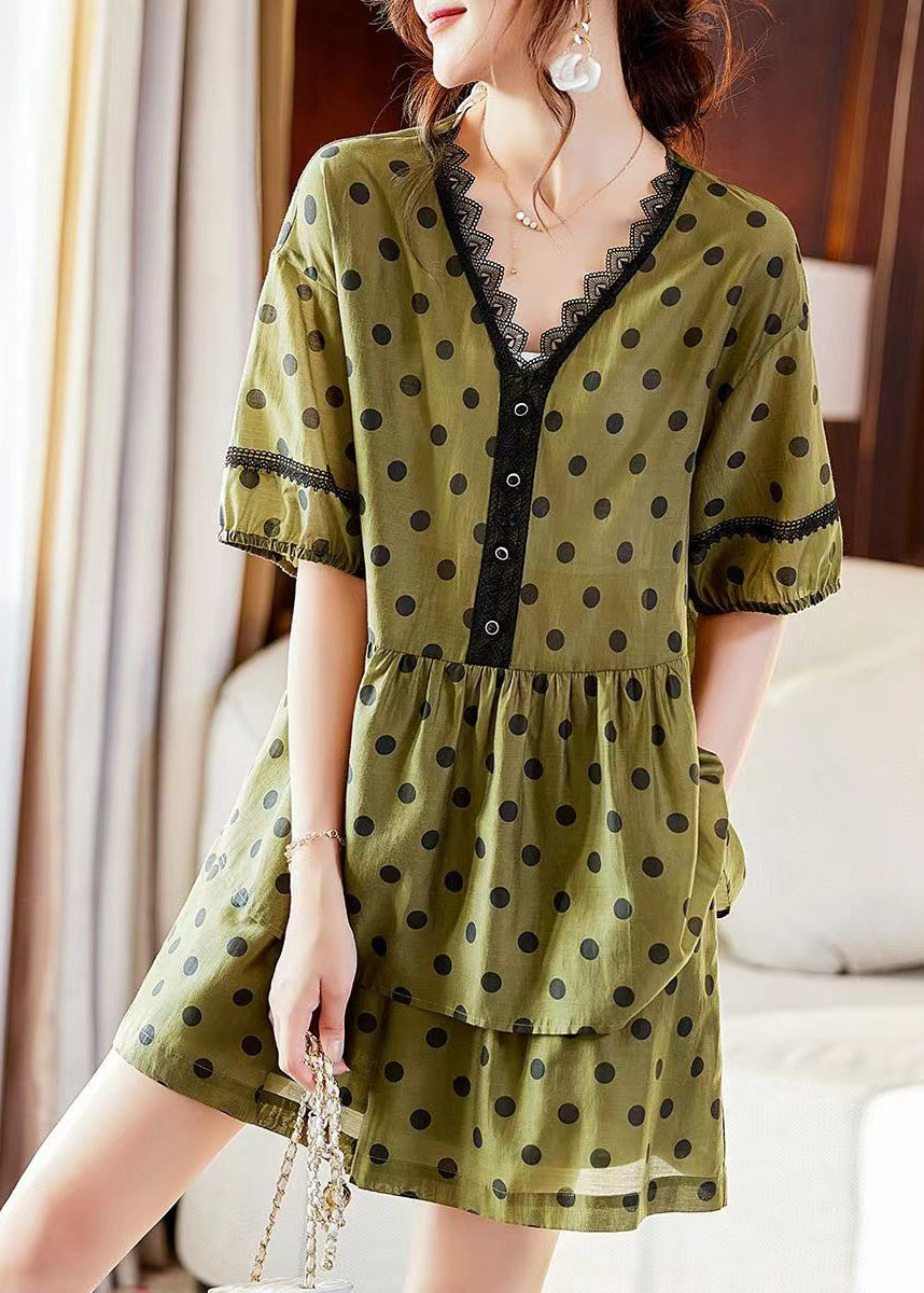 Art Green V Neck Lace Patchwork Shirts And Shorts Silk Two Piece Set Summer