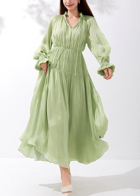 Art Green V Neck Wrinkled Lace Up Silk Maxi Dresses Butterfly Sleeve