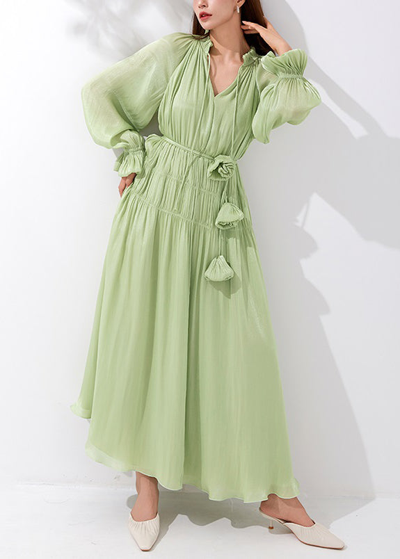 Art Green V Neck Wrinkled Lace Up Silk Maxi Dresses Butterfly Sleeve