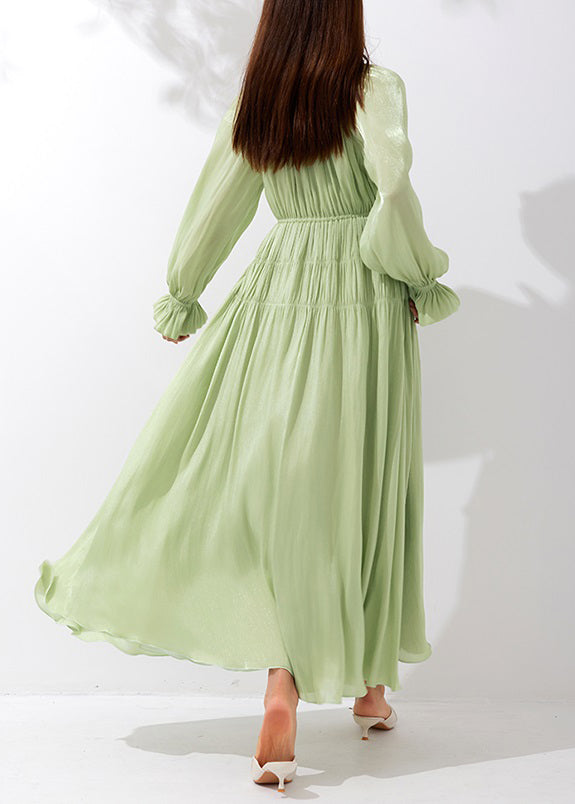 Art Green V Neck Wrinkled Lace Up Silk Maxi Dresses Butterfly Sleeve