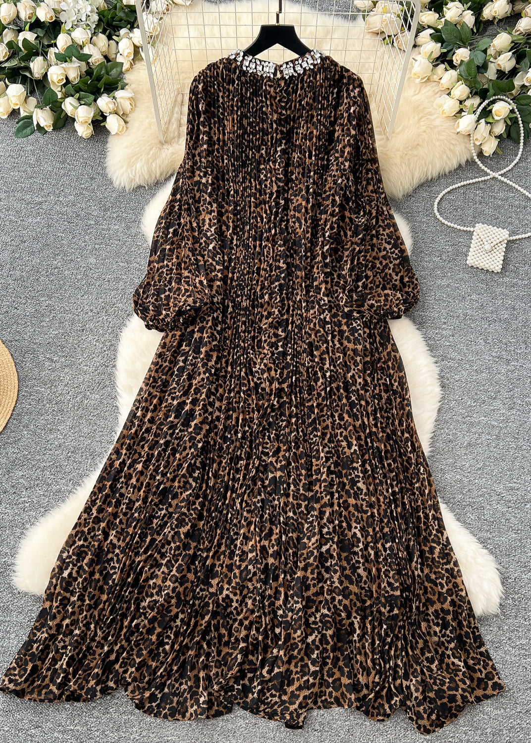 Art Grey Oversized Leopard Print Chiffon Long Dresses Spring