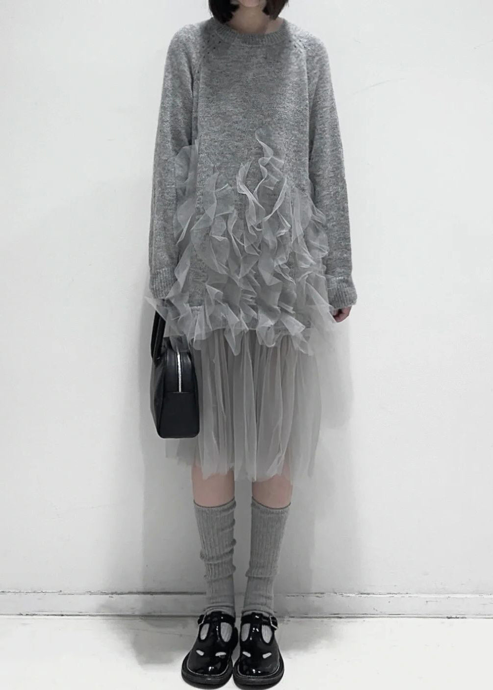 Art Grey Ruffled Solid Tulle Patchwork Knit Dress