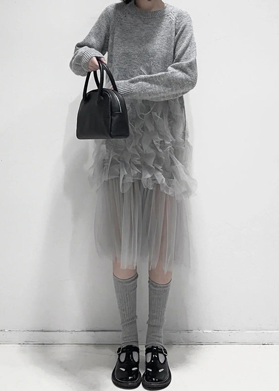 Art Grey Ruffled Solid Tulle Patchwork Knit Dress