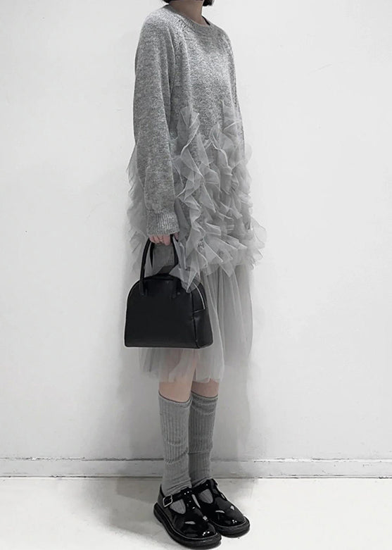 Art Grey Ruffled Solid Tulle Patchwork Knit Dress