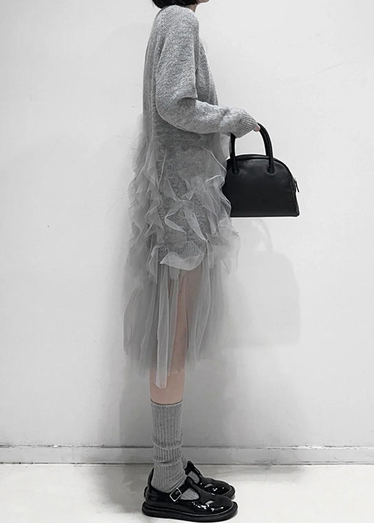 Art Grey Ruffled Solid Tulle Patchwork Knit Dress