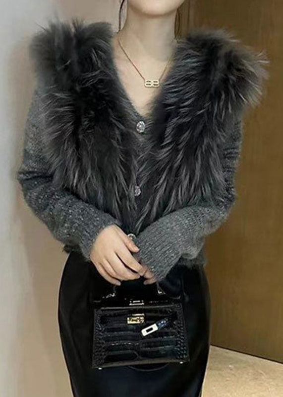 Art Grey V Neck Fur Collar Cotton Knit Sweater Winter