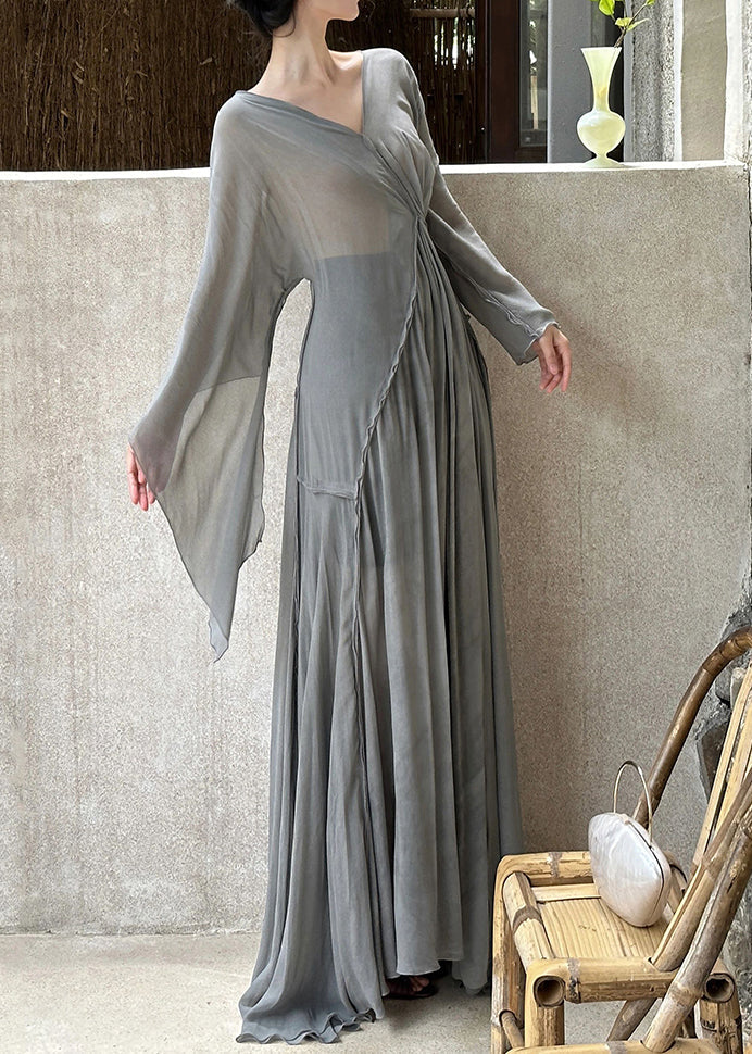 Art Grey V Neck Wrinkled Cotton Maxi Dresses Long Sleeve