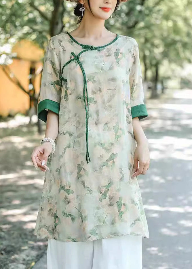 Art Light Green O Neck Button Print Linen Blouse Half Sleeve