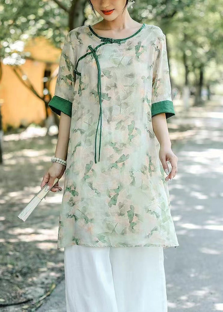 Art Light Green O Neck Button Print Linen Blouse Half Sleeve