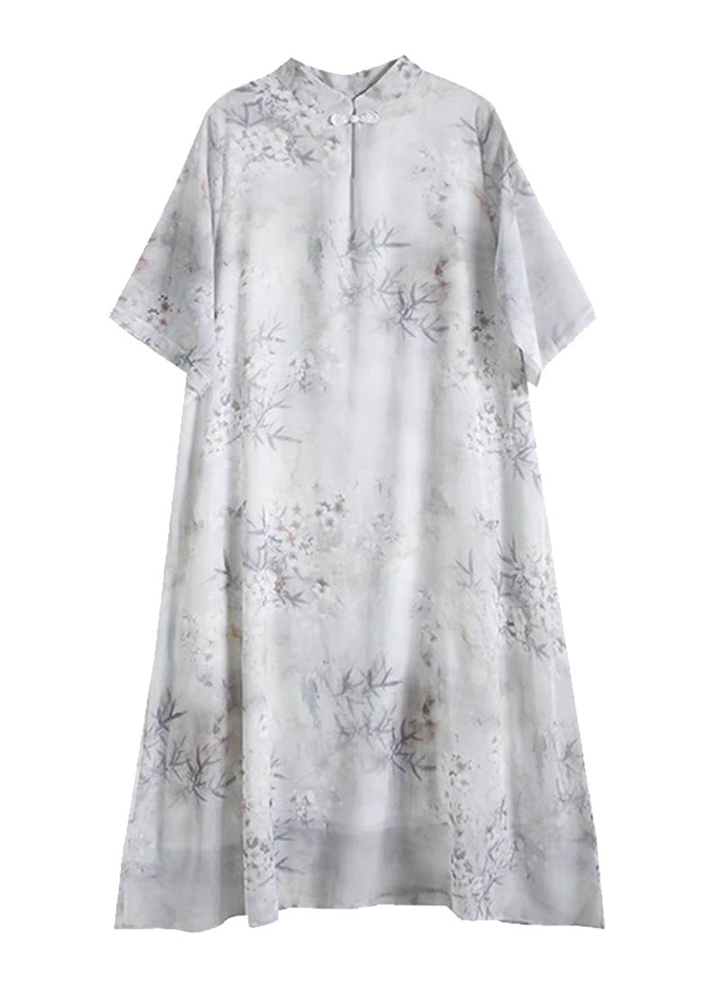 Art Mandarin Collar Bamboo Print Chiffon Dress Summer