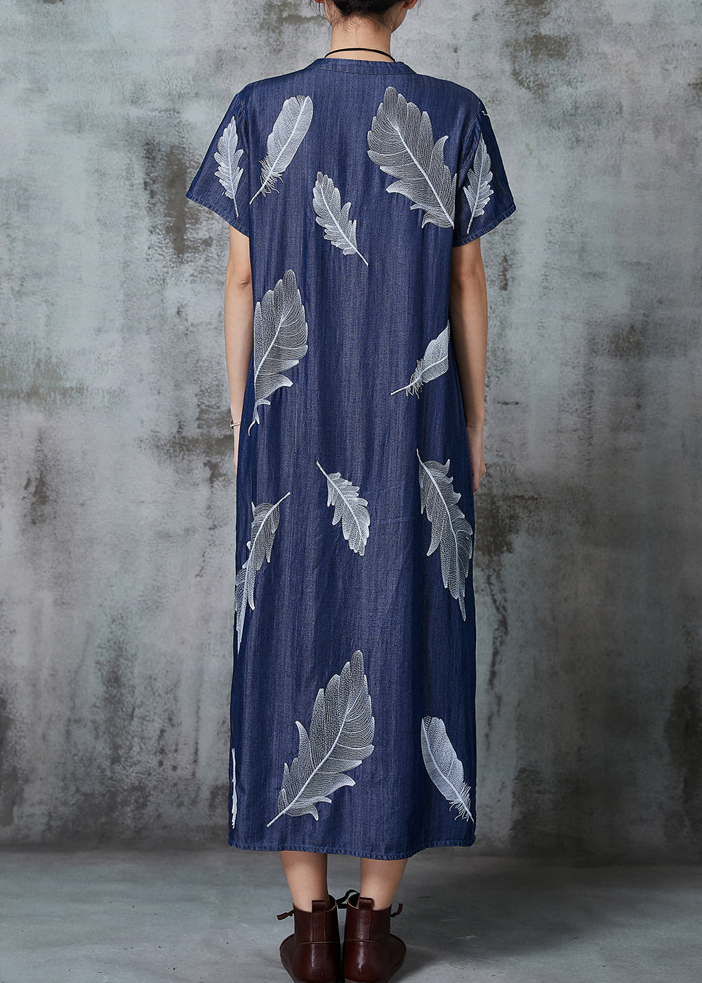 Art Navy Feather Print Denim Cheongsam Dress Summer