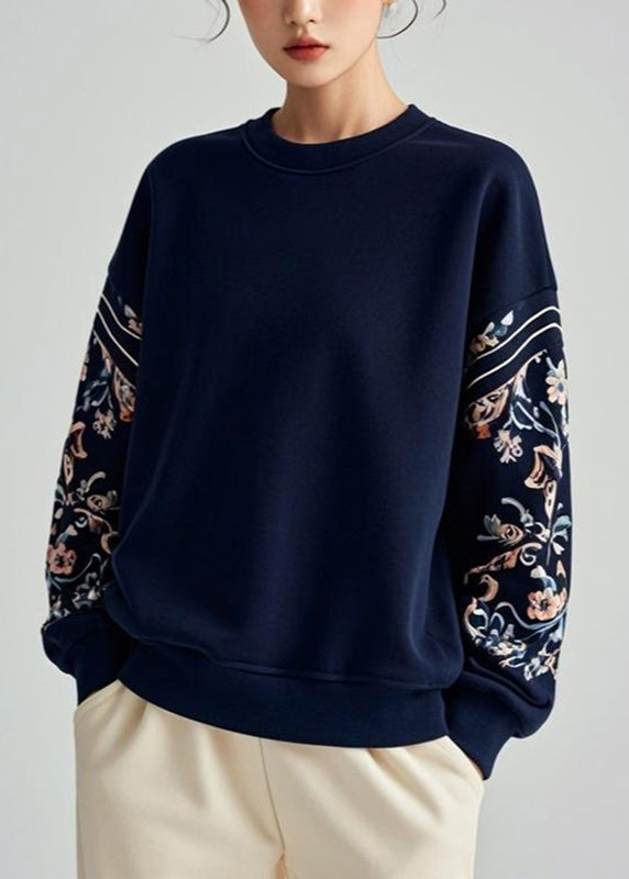 Art Navy O-Neck Print Pullover Fall