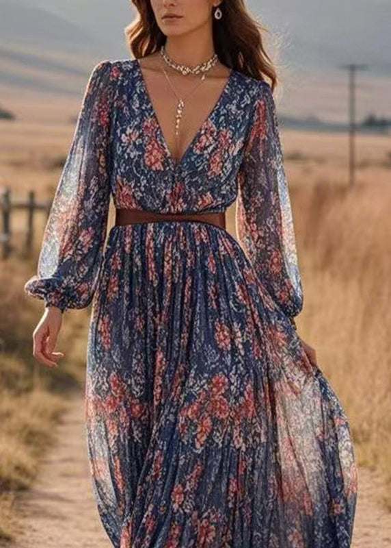 Art Navy Patchwork Tunic Chiffon Maxi Dresses Spring