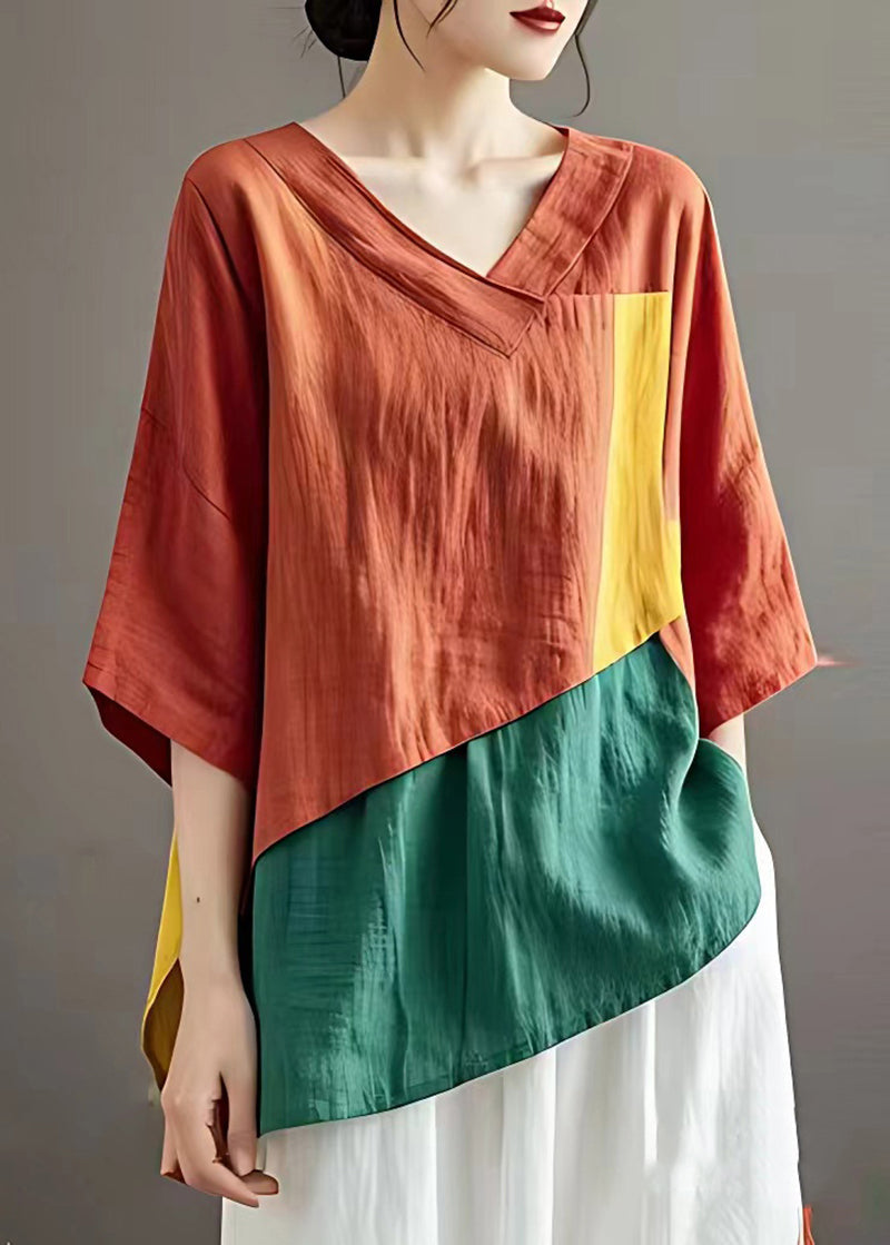 Art Orange Asymmetrical Patchwork Linen Blouse Tops Summer