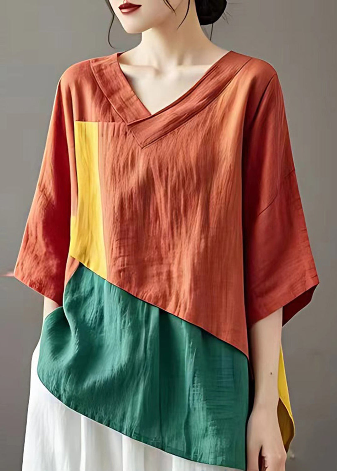 Art Orange Asymmetrical Patchwork Linen Blouse Tops Summer