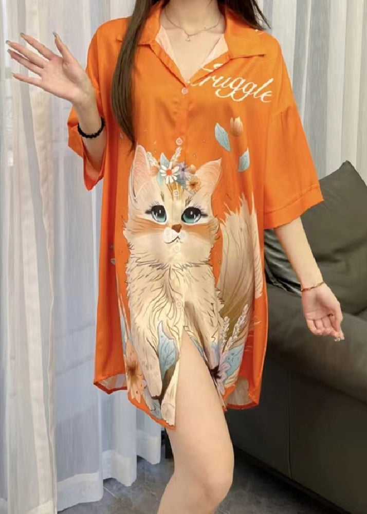 Art Orange Peter Pan Collar Print Ice Silk Pajamas Blouses Dress Spring