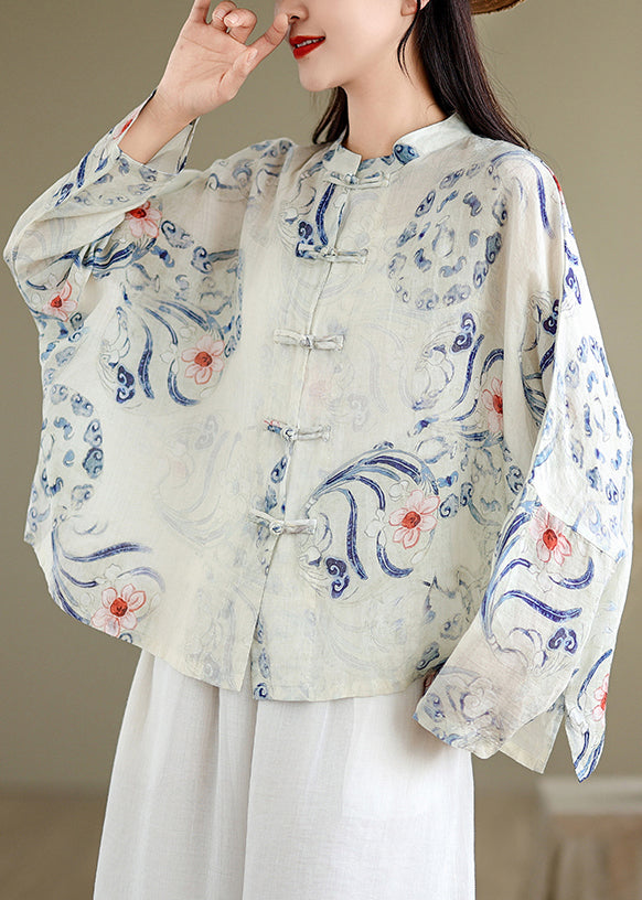 Art Oversized Print Chinese Button Linen Blouses Spring