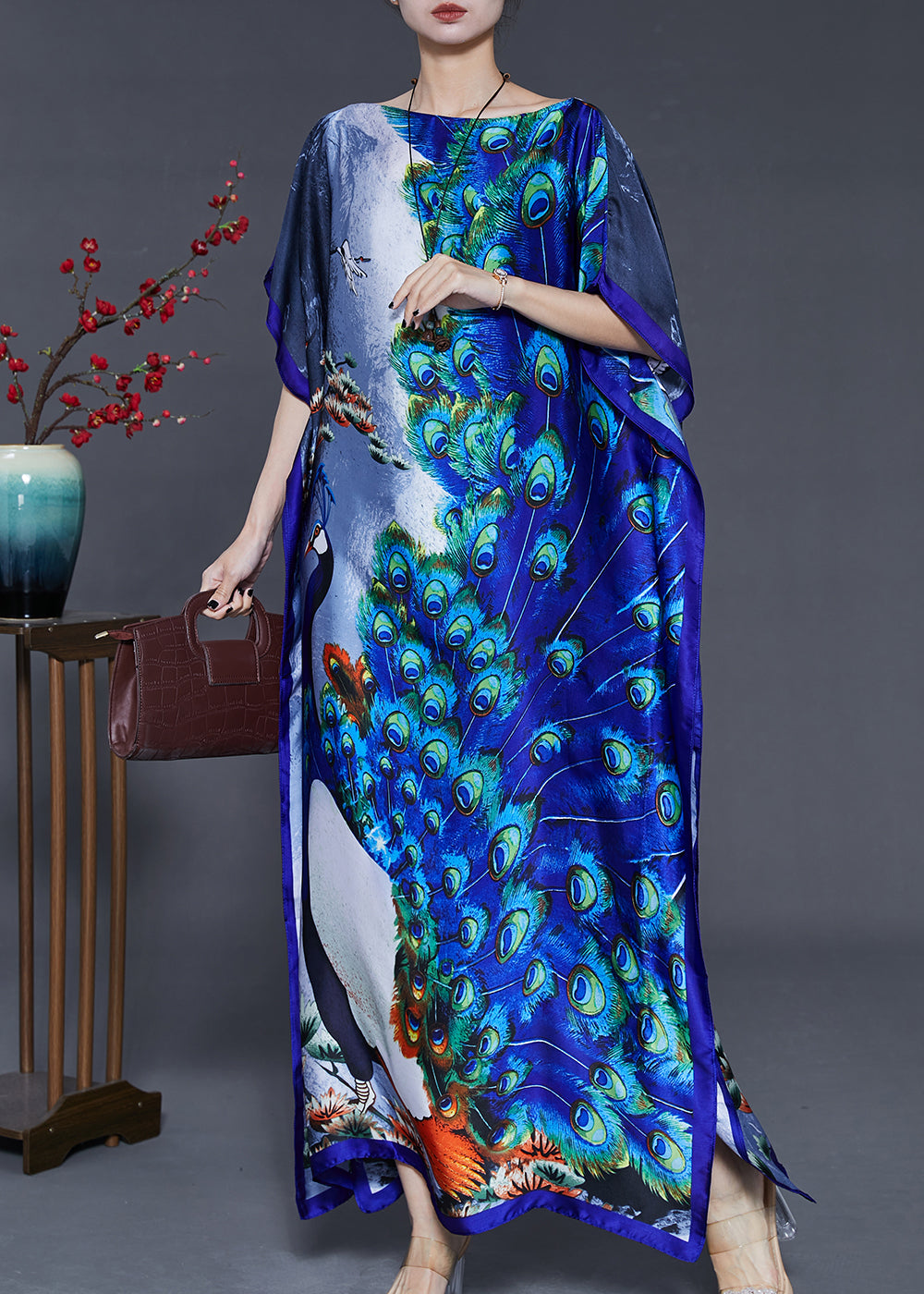 Art Peacock Blue Print Silk Holiday Dress Batwing Sleeve