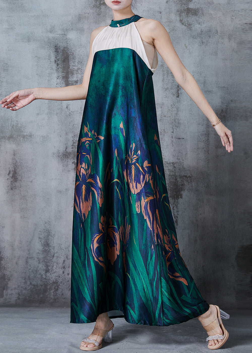 Art Peacock Green Cold Shoulder Patchwork Silk Halter Dress Summer