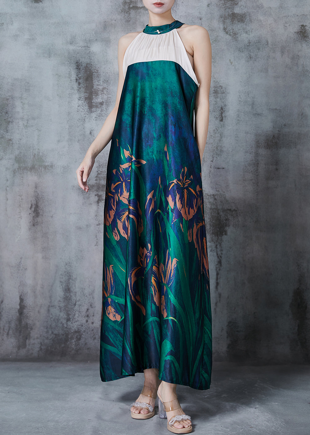 Art Peacock Green Cold Shoulder Patchwork Silk Halter Dress Summer