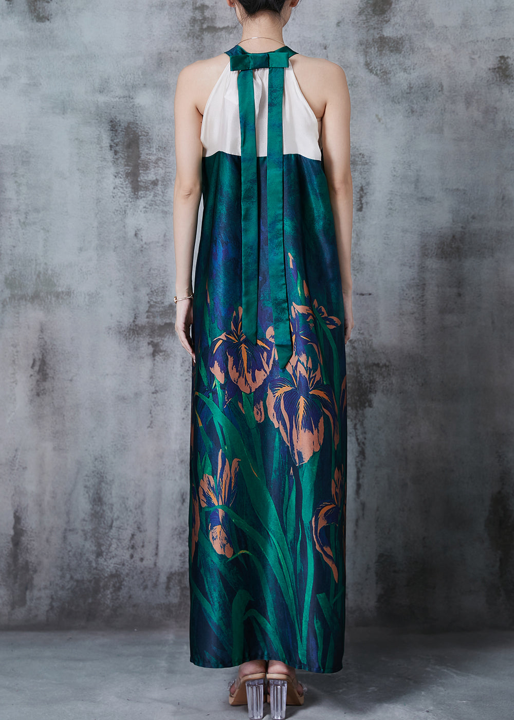 Art Peacock Green Cold Shoulder Patchwork Silk Halter Dress Summer