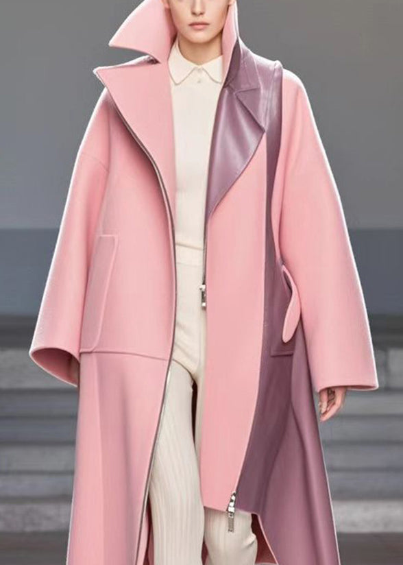 Art Pink Asymmetrical Patchwork Woolen Trench Fall