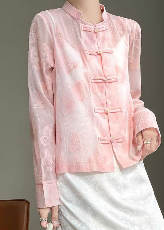 Art Pink Butterfly Button Silk Blouse Fall