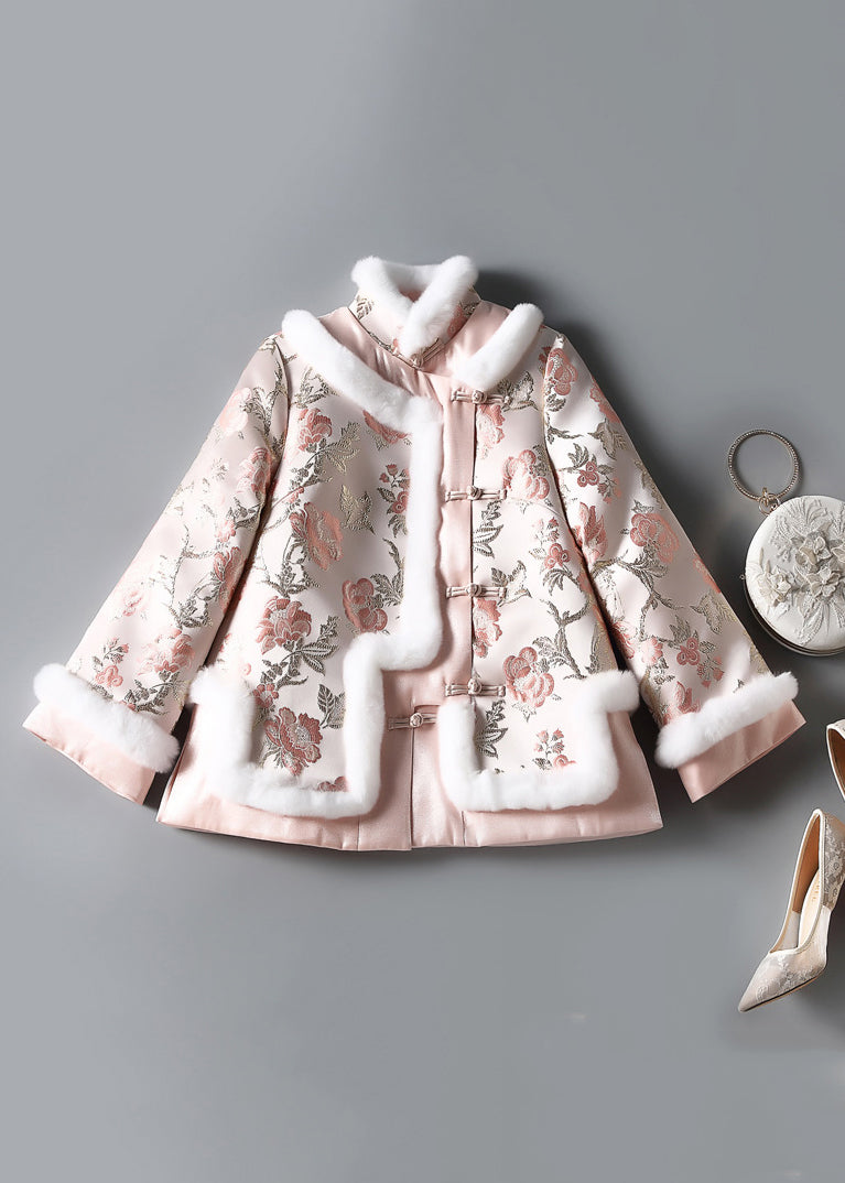 Art Pink Embroidery Button Patchwork Parkas Winter