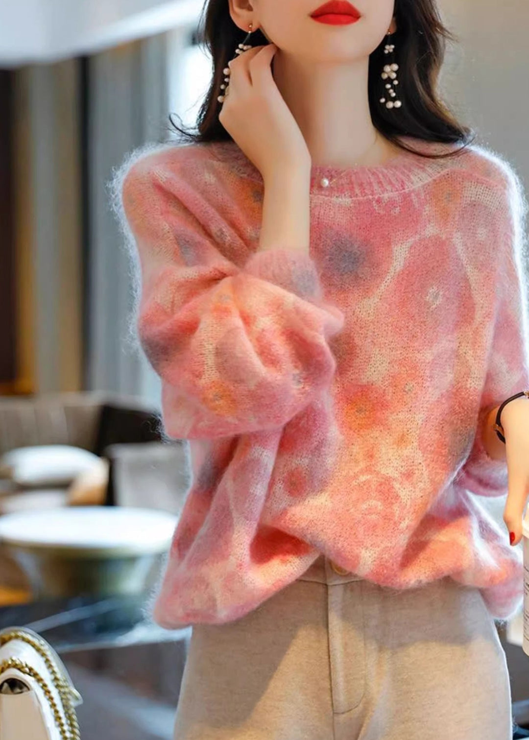 Art Pink O Neck Cozy Cotton Knit Sweaters Spring